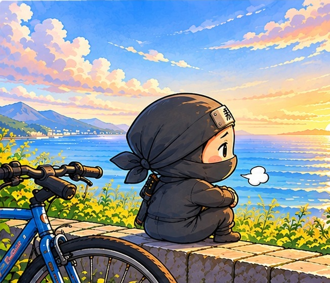海辺でAGA治療を振り返る新とクロスバイクのイラスト